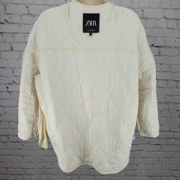 Zara Ivory Cream Quilted Cotton Buttoned Collarless Pockets Jacket Size Small S - Picture 6 of 16